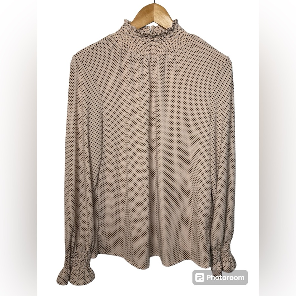 Adrianna Papell mock neck blouse preppy polka dots smocked neck & bubble sleeve